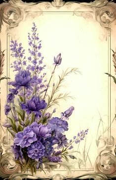 a painting of purple flowers in a frame on a white background with an ornate border around it