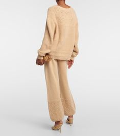 Luxury Beige Sweater For Fall, Elegant Cream Sweater For Loungewear, Luxury Cashmere Sweater With Ribbed Cuffs, Luxury Fine Knit Fall Sweater, Luxury Fine Knit Sweater For Fall, Cream Fine Knit Cashmere Sweater, Fine Knit Cashmere Sweater In Cream, Elegant Wool Sweater For Loungewear, Elegant Fine Knit Sweater For Loungewear