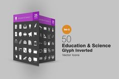 the 50 education and science glyph inverted icons are shown in this box, which contains