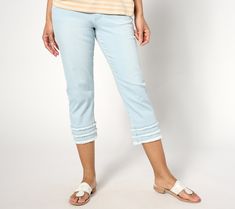 Spring denim drop! Kim's letting in the lighthearted vibes with these frayed cropped jeans in TripleLuxe Denim. From Belle by Kim Gravel. Kim Gravel, Spring Denim, Bleach Wash, Brands Outlet, Cropped Jeans, Elastic Waist, Straight Leg, Women Accessories, Elastic