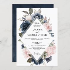 an elegant wedding card with roses and leaves on it, in navy blue and white