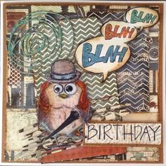 a birthday card with an owl wearing a top hat and holding a knife in his hand