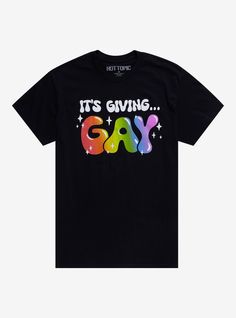 It's giving... gay! This tee is perfect for pride season thanks to its bubble-letter text reading "It's giving... gay " with "gay" in rainbow colors surrounded by stars.100% cottonWash cold; dry lowImportedListed in unisex sizes Pride Graphic Tee With Slogan, Pride Graphic Tee With Letter Print, Pride Letter Print Streetwear T-shirt, Rainbow Graphic Tee For Pride, Rainbow Graphic Print T-shirt For Pride, Rainbow Letter Print Pride T-shirt, Rainbow Letter Print T-shirt For Pride, Scenecore Shirt, Queer Vibes