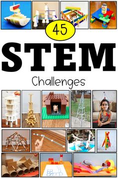 There are 16 pictures in the pin.  Each shows a different STEAM challenge including building with plastic blocks, tower building with newspapers and blocks, roller coasters from construction paper, animal homes from popsicle sticks, apple boats, and using paper towel rolls to build. Steam Activities Elementary, Stem Activities For Kids, Steam Challenges, Stem Elementary, Stem Resources, Teaching Stem, Stem Careers