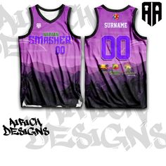 a purple and black basketball jersey with the number 00 on it, in front of an image