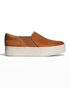 Vince kid suede skate sneaker. 1.5" platform heel. Round toe. Side stretch insets. Padded footbed and collar. Rubber outsole. Slip-on style. "Warren" is imported. Skate Sneakers, Platform Heel, Platform Heels, Neiman Marcus, Slip On Sneaker, Tops Designs, Slip On, Luxury Fashion, Collar