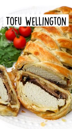 a white plate topped with pastry and vegetables