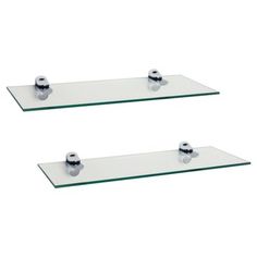 two glass shelves with chrome fittings on each shelf