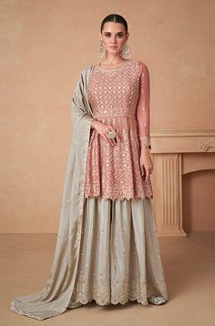 Peach & Taupe Designer Embroidered Silk Party Wear Sharara Suit-Saira's Boutique Palazzo Suit, Readymade Saree, Sharara Suit, Patiala Salwar, Embroidered Wedding, Silk Dupatta, Designer Dresses Indian, Beautiful Saree, Indian Design