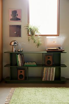 a room with a green shelf and various records on it