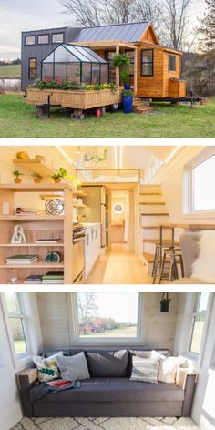 two pictures with different types of tiny houses in them and the same one has a couch