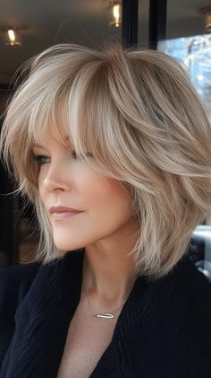 Hair Colour For Over 50's, Textured Lob With Bangs, Feathered Bob Hairstyles, Layered Stacked Bob Haircut, Medium Bob With Bangs, Bob Haircut Back View, Feathered Layers, Feathered Bob, Nice Hairstyles