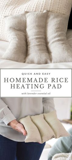 a woman holding two pillows in her hands and the words, home made rice heating pad