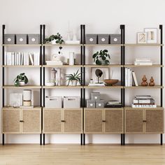 an empty room with many shelves and plants on the top one shelf is filled with books