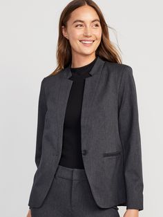 Charcoal Blazer Outfit, Fresh Crop, Fall Workwear, Cropped Chinos, Cropped Flare Pants, Pixie Pants, Single Button Blazer, Navy Linen, Pink Blazer