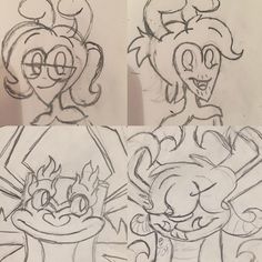 three different drawings of cartoon characters in various stages of drawing, each with their own face