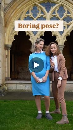 two women standing next to each other in front of a building with the words boring pose?