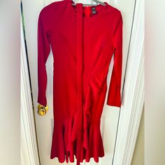 Never Worn, Shimmery Red Dress With Ruffle Detail. Comments On The Dress Said To Size Down Because They Run Big. It Didn’t. True Xs. My Loss Is Your Gain! Nwot Red Christmas Party Midi Dress, Fitted Red Midi Dress For Holiday Party, Chic Red Midi Dress For Holiday Party, Red Long Sleeve Midi Dress For Holiday, Red Long Sleeve Midi Dress For Party, Chic Red Dress For Christmas, Red Fitted Midi Dress For Holiday Party, Fitted Knee-length Midi Dress For Christmas, Red Midi Dress For Winter Night Out