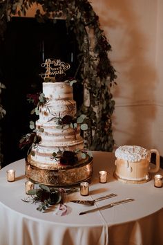 a wedding cake sitting on top of a table