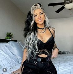 Summer 24 Hair Color Trends, Edge Hair Color, Cute Goth Haircuts, Gender Bent Cosplay, Goth Ombre Hair, Checkerboard Hair Color, Scene Hair 2023, Blonde And Dark Hair Ideas, Fun Black Hair Color Ideas