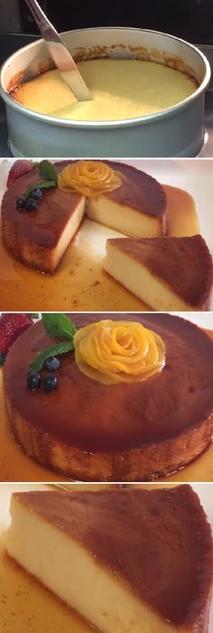 three images show how to make a cheesecake with chocolate sauce and fruit toppings