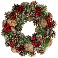 a christmas wreath with pine cones and berries