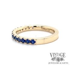 Elevate your jewelry collection with our Blue Sapphire 14k Gold Castle Pave Ring Stacker. Handcrafted by Vintage Jewelers and Gifts, this stunning piece features 15 round, AAA quality sapphires totaling .60 carats, set in 14k solid yellow gold. Experience comfort and elegance with its comfort fit, perfect for finger size 7. Expertly crafted by the Jewelers at Vintage Jewelers and Gifts. 15 hand castle pave set, round, AAA quality, natural blue sapphires totaling .60 carats. 14 karat solid yellow gold. Comfort fit, finger size 7. Timeless Stackable 14k Gold Sapphire Ring, Timeless Stackable Yellow Gold Sapphire Ring, Classic Stackable Sapphire Diamond Ring, Classic Stackable Sapphire Rings In Yellow Gold, Yellow Gold Stackable Sapphire Ring, 14k Gold Sapphire Half Eternity Ring, Heirloom Stackable Yellow Gold Sapphire Ring, Stackable Yellow Gold Sapphire Eternity Band, Yellow Gold Sapphire Stackable Eternity Band