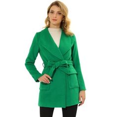 This simple and stylish coat is complete with the design of shawl collar lapel and waist belt, it is a must-have outwear for winter. Waist belt helps to tighten the waist and to accentuate your graceful figure. Two pockets offer a place for little personal belongings like cards or keys, and lend a warm place for chilly hands on cold winter days. Pairs perfectly with mock neck bottoming shirt, it is a good choice for office ladies to wear for work in winter day. Green Long Sleeve Outerwear With Belted Cuffs, Green Outerwear With Belted Cuffs And Long Sleeves, Fitted Long Sleeve Outerwear With Self Belt, Belted Wool Coat With Lapel Collar For Spring, Chic Belted Pea Coat With Notch Lapel, Chic Belted Pea Coat With Lapel Collar, Winter Notch Lapel Outerwear With Belted Cuffs, Chic Belted Pea Coat For Winter, Chic Belted Winter Outerwear