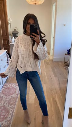 White Tennis Shoes And Jeans Outfit, Late Summer Outfits Early Fall Date Night, Cute Thanksgiving Outfits For Women Casual, Casual Outfits Office Jeans, 30 Degree Weather Outfit Work, Size 1x Outfits, Fall Date Day Outfit, Outfits Ideas For Thanksgiving, Tan Booties Outfit Spring