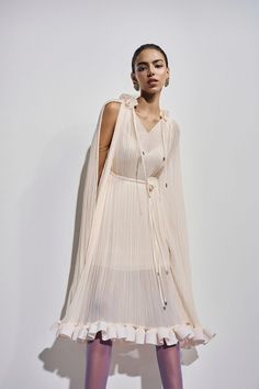 Feminine Evening Chiffon Dress With V-neck, Spring Wedding Guest Dress With Cape Sleeves, Feminine Chiffon Midi Evening Dress, Feminine Evening Chiffon Midi Dress, Feminine Midi-length Chiffon Evening Dress, Spring Wedding Guest Georgette Dress, Chic V-neck Chiffon Cocktail Dress, Elegant Sheer V-neck Dresses, Feminine V-neck Chiffon Dress For Evening