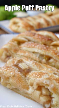 A white plate with a couple slices of apple pastry and the title of the recipe at the top of the photo. Puff Pastry Apple Turnovers, Apple Recipes With Puff Pastry, Puff Pastry Ingredients, Pepperidge Farm Puff Pastry