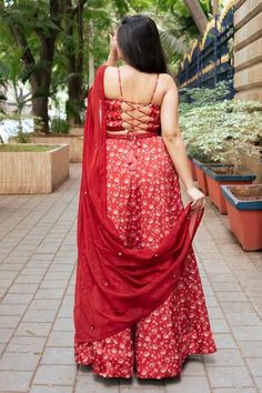 Red attached cancan lehenga with all over floral print. Paired with a padded blouse with placed hand embroidery and dupatta with mirror work hand embroidery. - Aza Fashions Floral Print Lehenga, Cancan Lehenga, Print Lehenga, Satin Hands, Padded Blouse, Red Mirror, Bridal Lehengas, Mirror Work, Aza Fashion