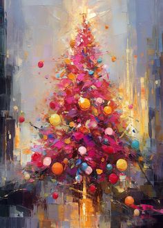 a painting of a brightly colored christmas tree