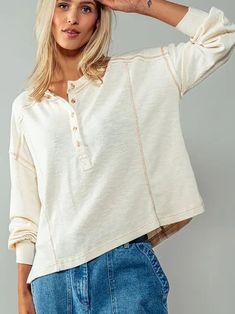 Long Sleeve Henley with Contrast Stitching Detail Luxury Casual Henley For Fall, Kimono Sweater, Blouse Tank Top, Curvy Dress, Outfits With Hats, Sweater Set, New Tops, Outerwear Sweater, Jumpsuit Dress