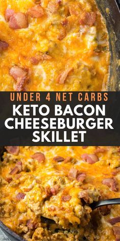 keto bacon cheeseburger skillet with text overlay that reads under 4 net cars