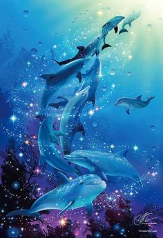 three dolphins swimming in the ocean with stars and bubbles on their back, as if they were jumping out of the water