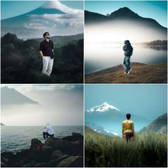 four different pictures of people standing on rocks near the water and mountains, one man is walking