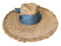 Woven with raffia made from all natural palm tree leaves. The Hydrangea sun hat is the only hat I make that does not feature brass grommets, instead the ribbon is woven through the raffia. You can interchange your ribbon, but be careful to do so gently—as to not unravel the raffia. The great thing about The Hydrangea is that the ribbon can be untied to adjust the hat size. The ribbon is designed to sit on top of the hat brim, this hat is not designed for long ribbons. Blue Straw Hat For Beach Season, Blue Straw Panama Hat For Vacation, Blue Straw Hat With Curved Brim, Blue Woven Straw Hat For Beach, Blue Woven Sun Hat For Summer, Blue Summer Straw Hat, Blue Bohemian Panama Hat For Vacation, Natural Toquilla Straw Hat For Picnic, Blue Toquilla Straw Hat With Curved Brim