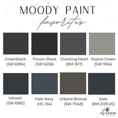 mood paint swatches with the names and colors in black, grey, white, gray