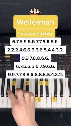 a person is playing the piano with numbers on each side and yellow letters above it