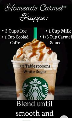 a cup of coffee with whipped cream and caramel on top, labeled homemade caramel frappe