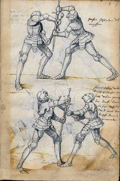 an old book with drawings of men in armor