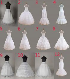 several different types of wedding dresses on display with price tags for each dress and size