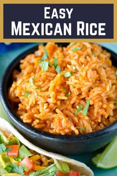 mexican rice in a black bowl with cilantro on the side and text overlay that reads how to make authentic mexican rice