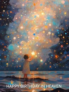 a painting of a person standing in the water holding a star above their head and looking up at the sky