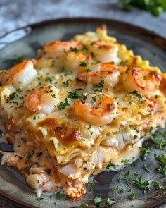 a piece of pasta with shrimp and cheese on a plate, garnished with parsley