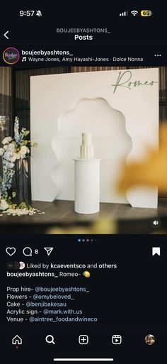 an instagram page with a white vase and flowers