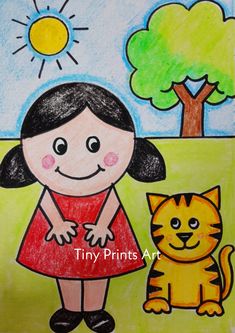 a child's drawing of a girl with a cat in front of a tree