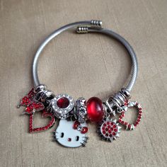 Sanrio Hello Kitty Red And Silver Pandora Style Charm Bangle Bracelet Tags: Heart Butterfly Charms Kawaii Kidcore Y2k 90s Sanrio Hello Kitty Pandora Women's Bracelet Hello Kitty Pandora, Victorious Outfits, Bracelet Tags, Kawaii Kidcore, Kidcore Y2k, Hello Kitty Jewelry, Heart Butterfly, Red And Silver, Pandora Style