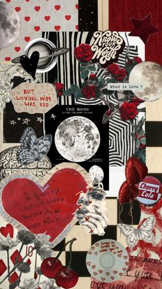 an altered collage with hearts, roses and other things on it's side